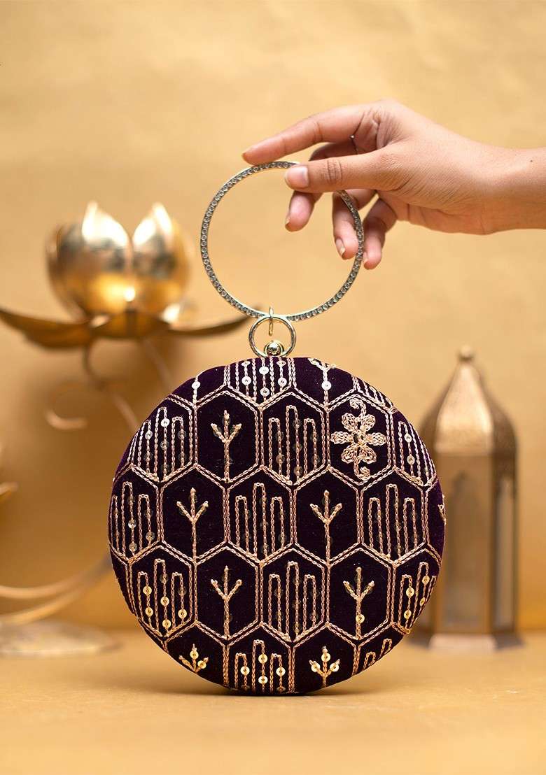 Purple Satin Embroidered Embellished Box Clutch - Indya