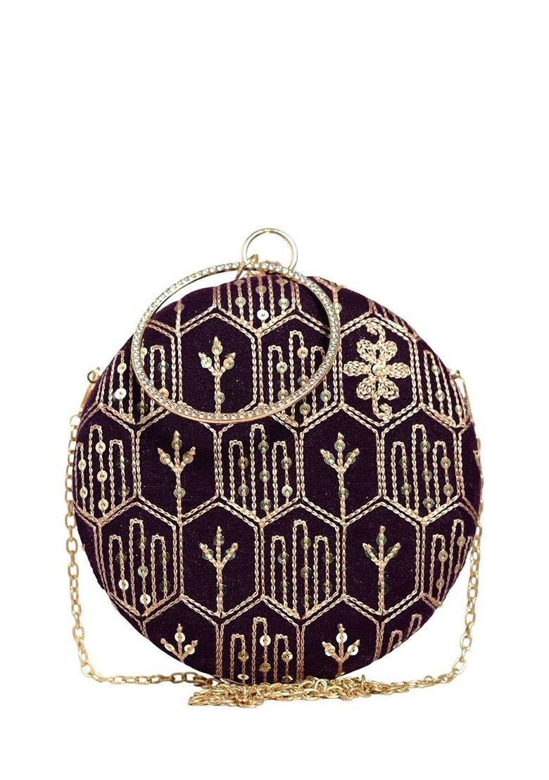Purple Satin Embroidered Embellished Box Clutch - Indya