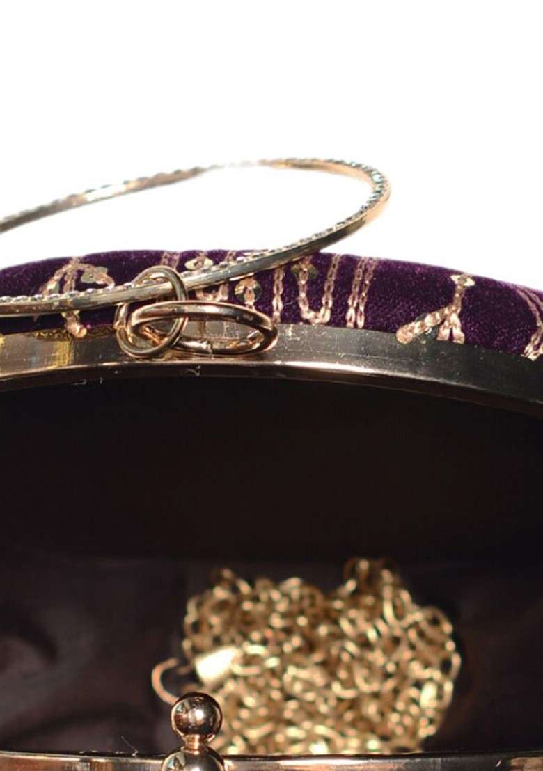 Purple Satin Embroidered Embellished Box Clutch - Indya