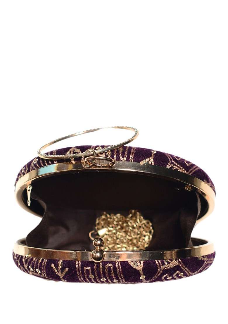 Purple Satin Embroidered Embellished Box Clutch - Indya
