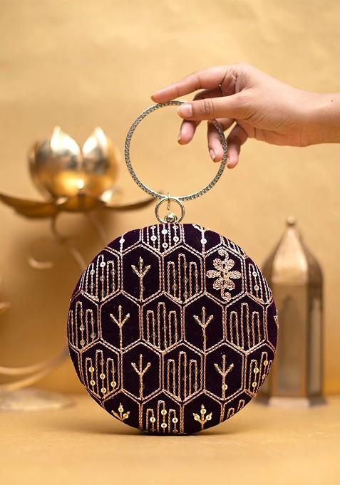 Purple Satin Embroidered Embellished Box Clutch