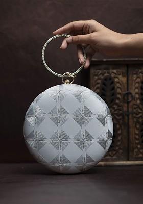 Grey Satin Embroidered Embellished Box Clutch