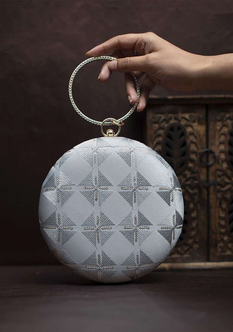 Grey Satin Embroidered Embellished Box Clutch - Indya