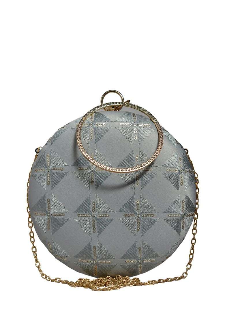 Grey Satin Embroidered Embellished Box Clutch - Indya