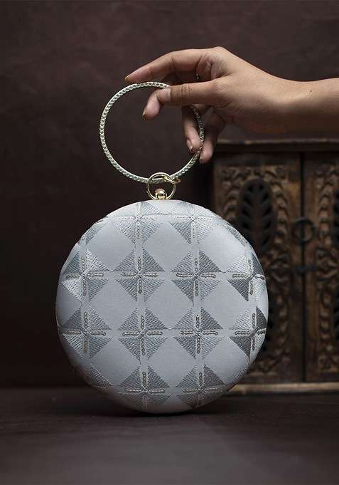 Grey Satin Embroidered Embellished Box Clutch