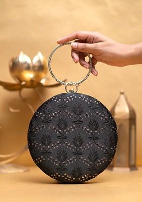 Black Satin Women Embroidered Box Clutch