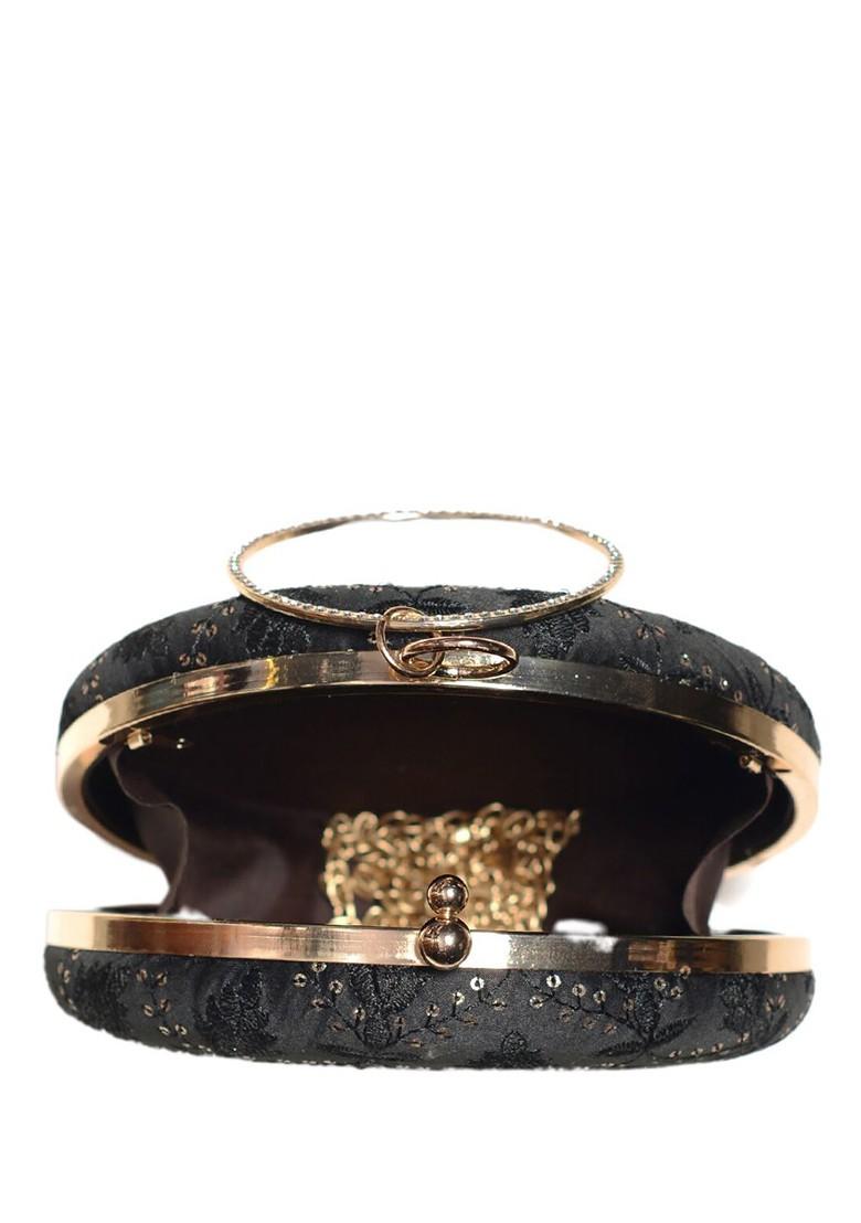 Black Satin Women Embroidered Box Clutch - Indya