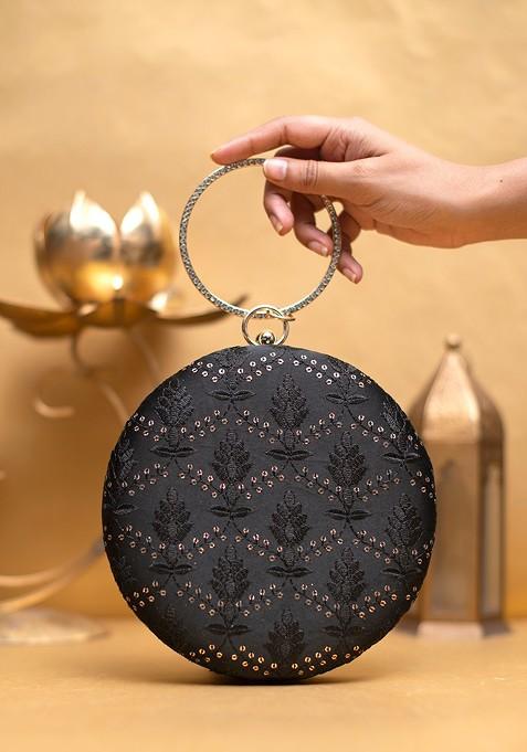 Black Satin Women Embroidered Box Clutch