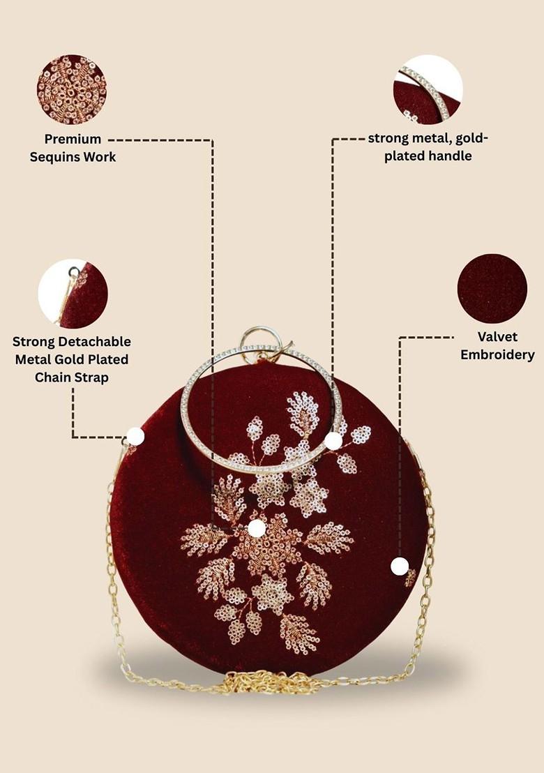 Maroon Satin Embroidered Box Clutch - Indya