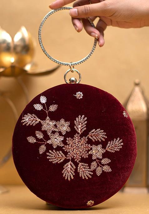 Maroon Satin Embroidered Box Clutch