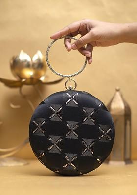 Black Satin Embroidered Embellished Box Clutch