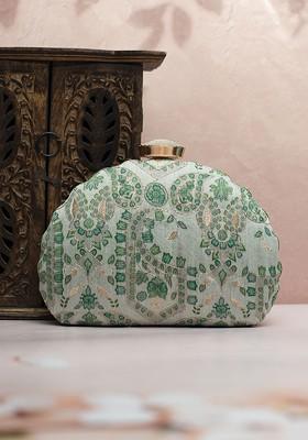 Green Satin Embroidered Box Clutch