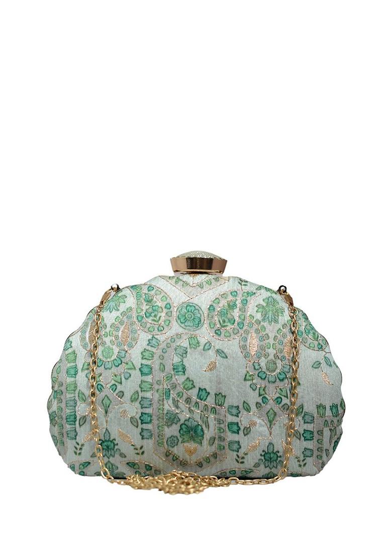 Green Satin Embroidered Box Clutch - Indya