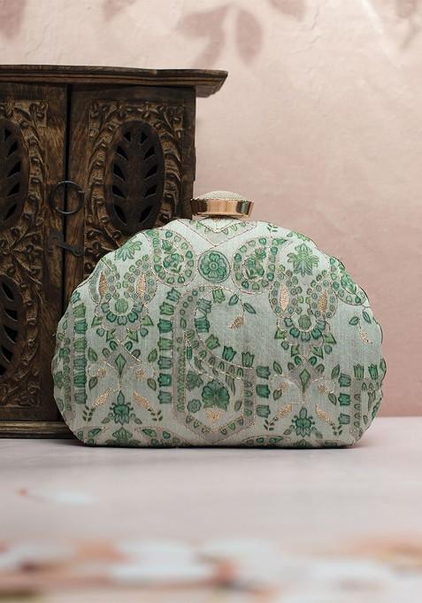 Green Satin Embroidered Box Clutch