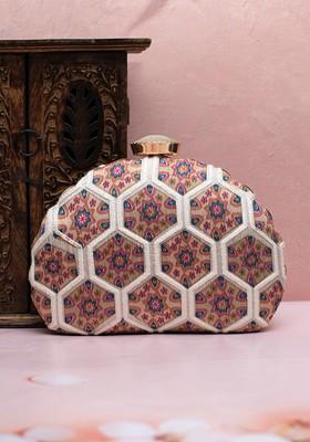 Beige Fabric Printed Box Clutch