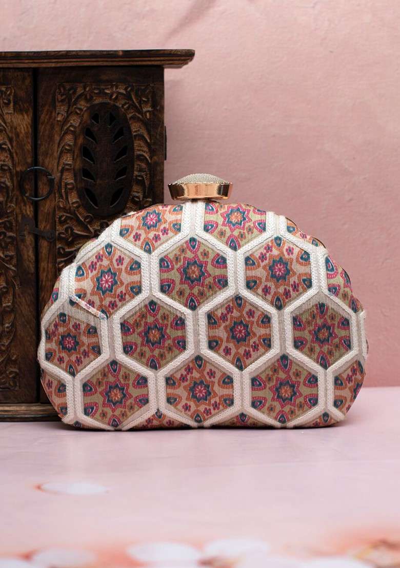 Beige Fabric Printed Box Clutch - Indya