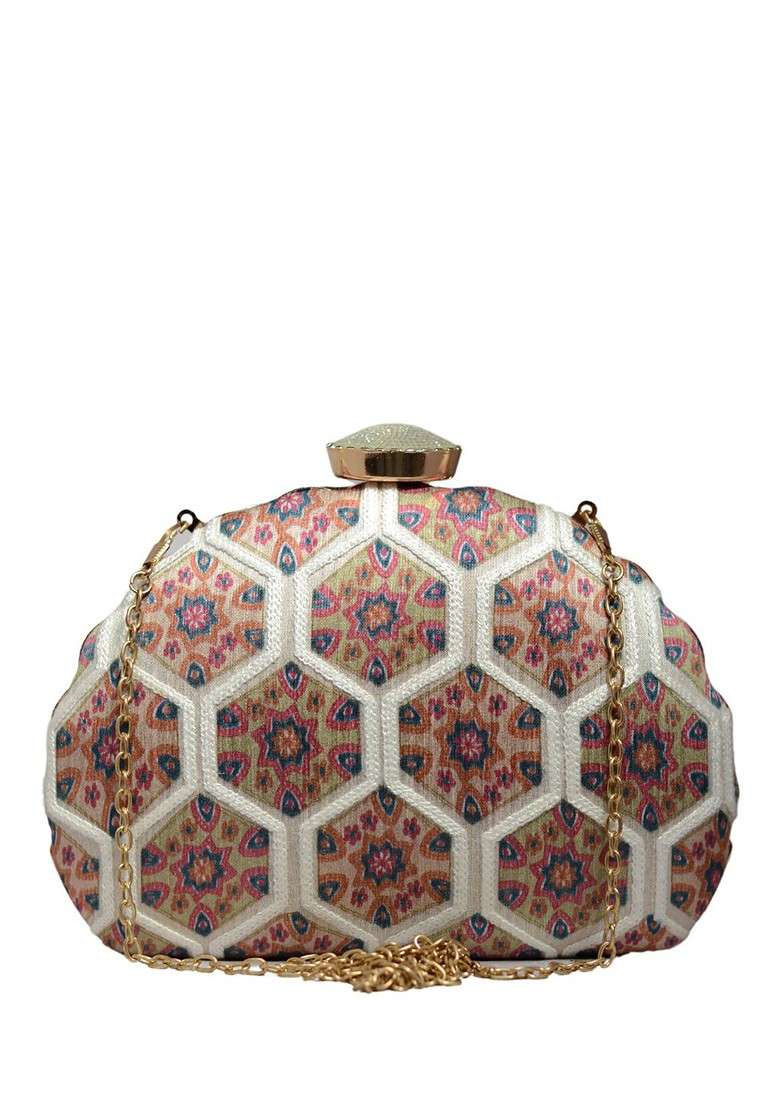 Beige Fabric Printed Box Clutch - Indya