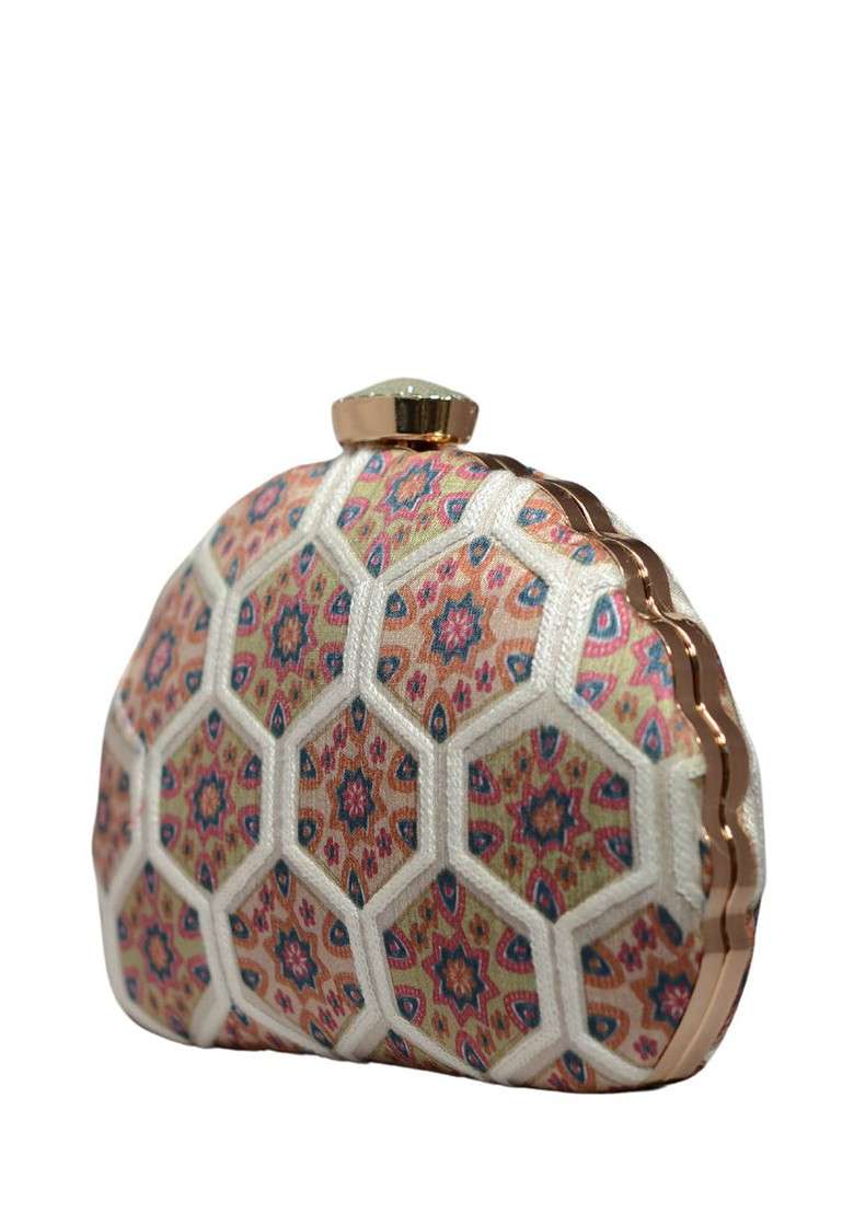 Beige Fabric Printed Box Clutch - Indya