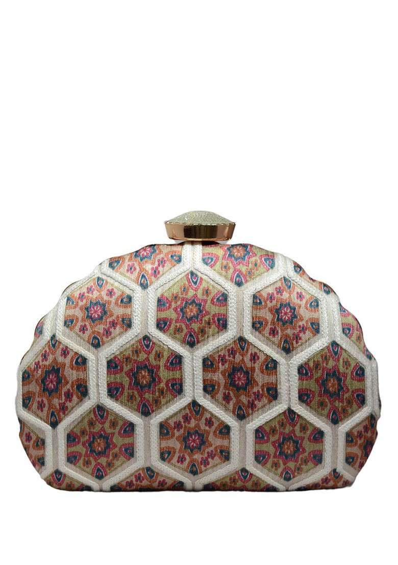 Beige Fabric Printed Box Clutch - Indya