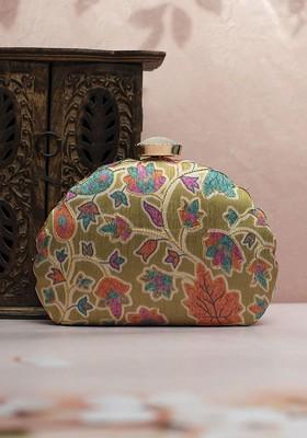 Olive Satin Embroidered Box Clutch