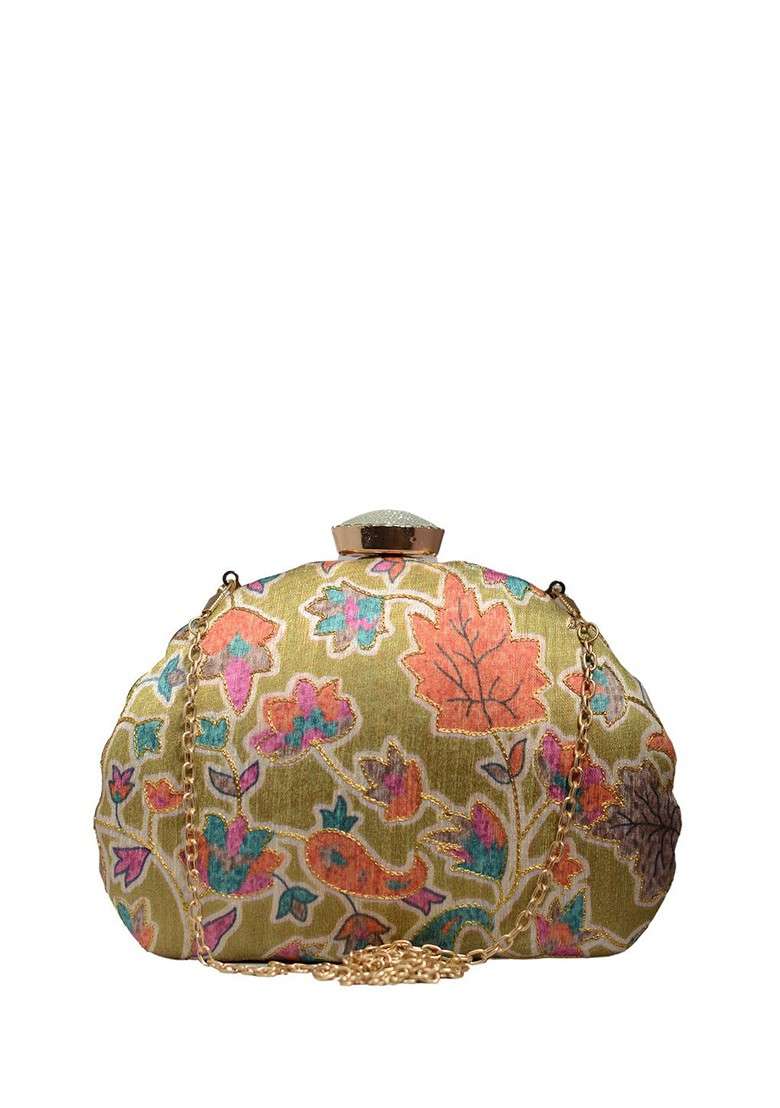 Olive Satin Embroidered Box Clutch - Indya