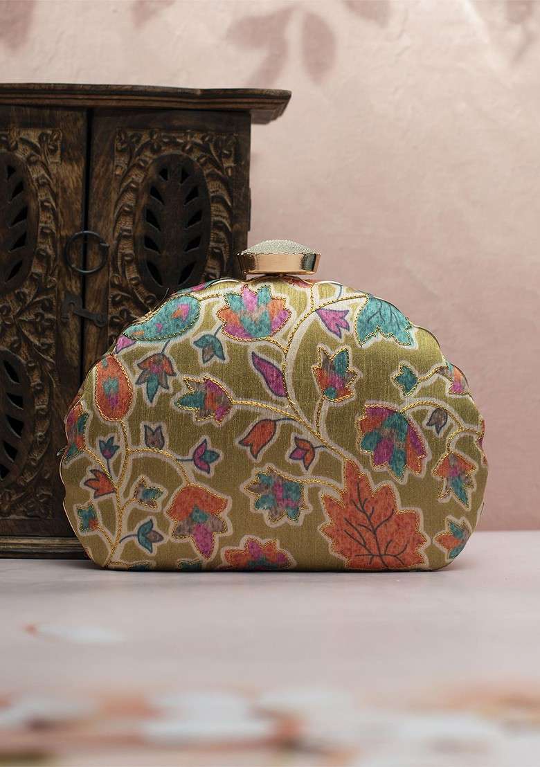 Olive Satin Embroidered Box Clutch - Indya
