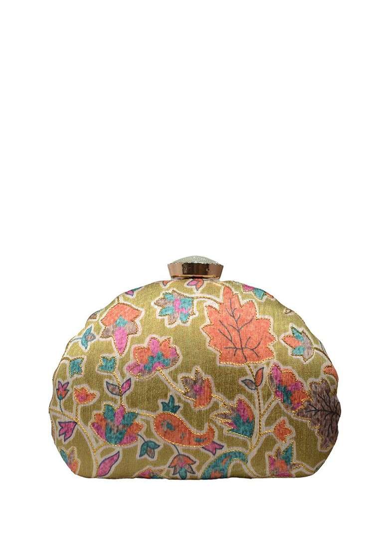 Olive Satin Embroidered Box Clutch - Indya