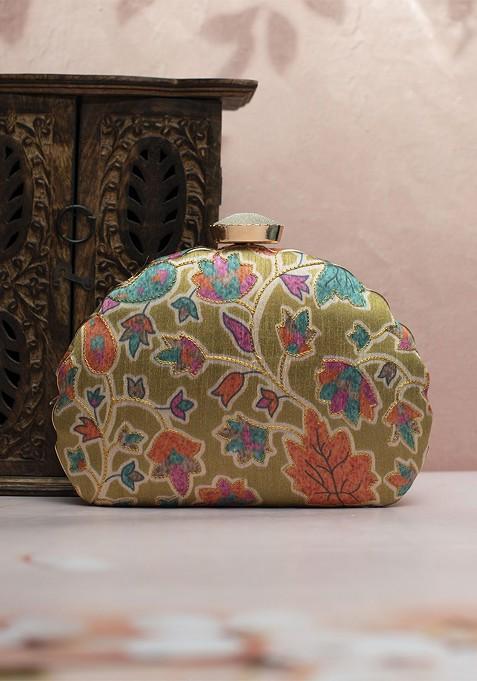 Olive Satin Embroidered Box Clutch