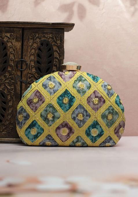 Yellow Fabric Printed Box Clutch