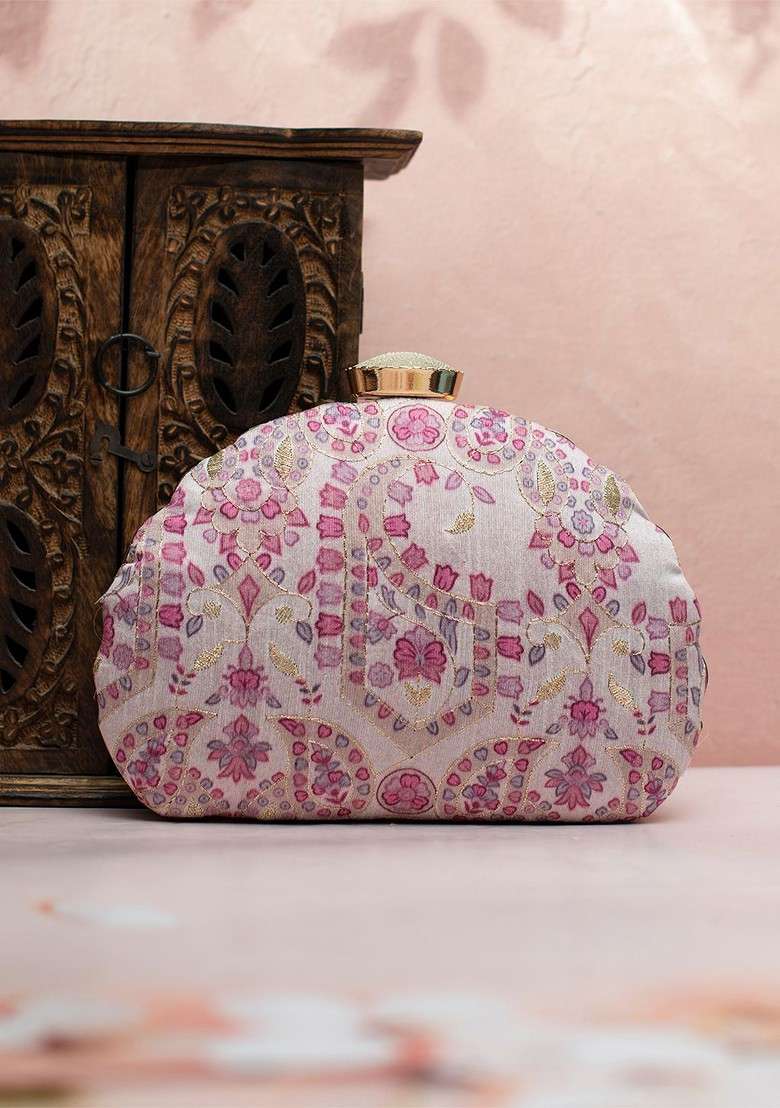 Off White Fabric Floral Printed Box Clutch - Indya
