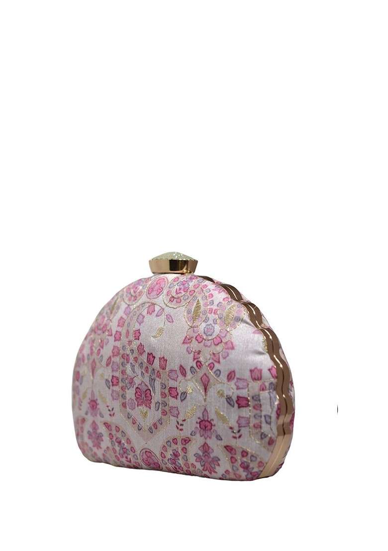 Off White Fabric Floral Printed Box Clutch - Indya