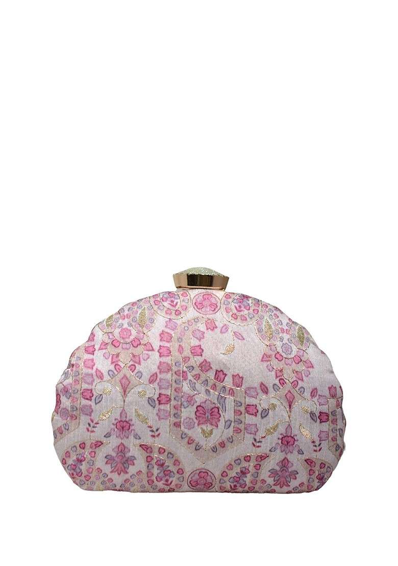 Off White Fabric Floral Printed Box Clutch - Indya