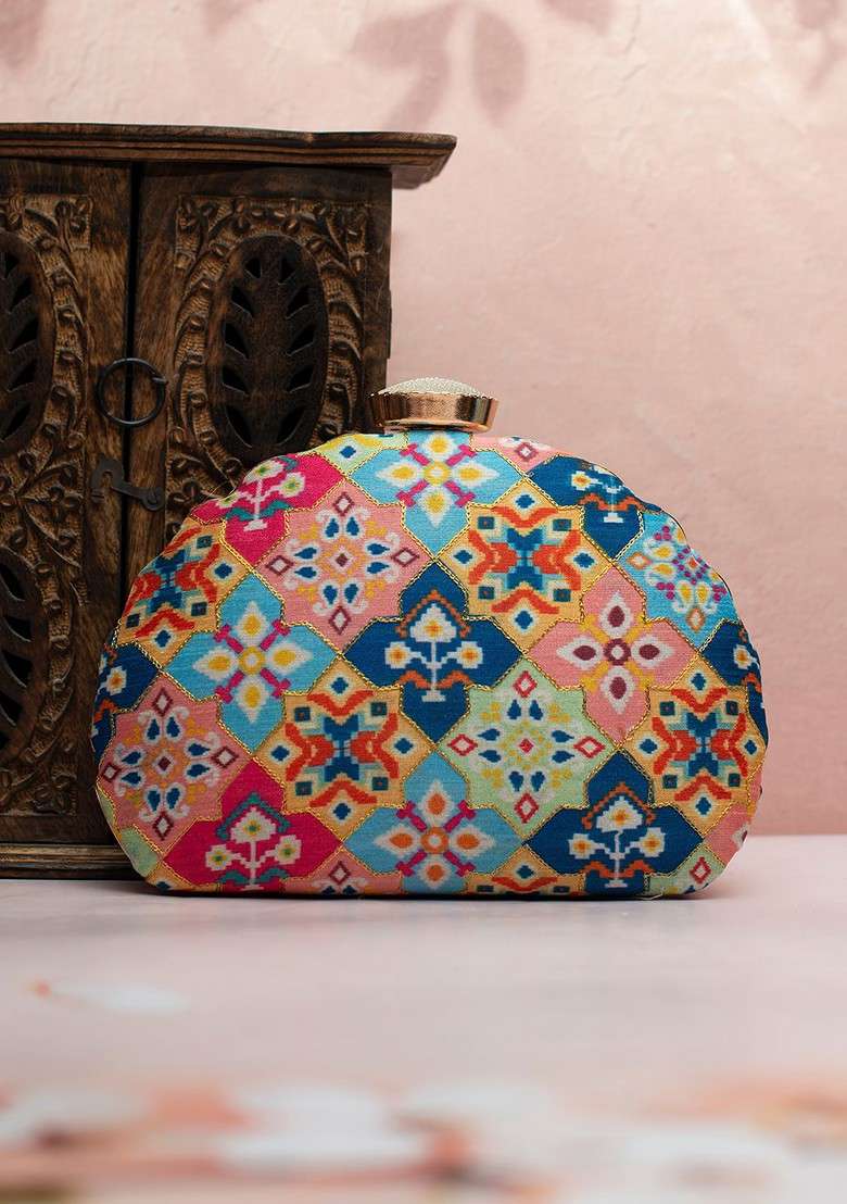 Blue Fabric Floral Printed Embroidered Box Clutch - Indya