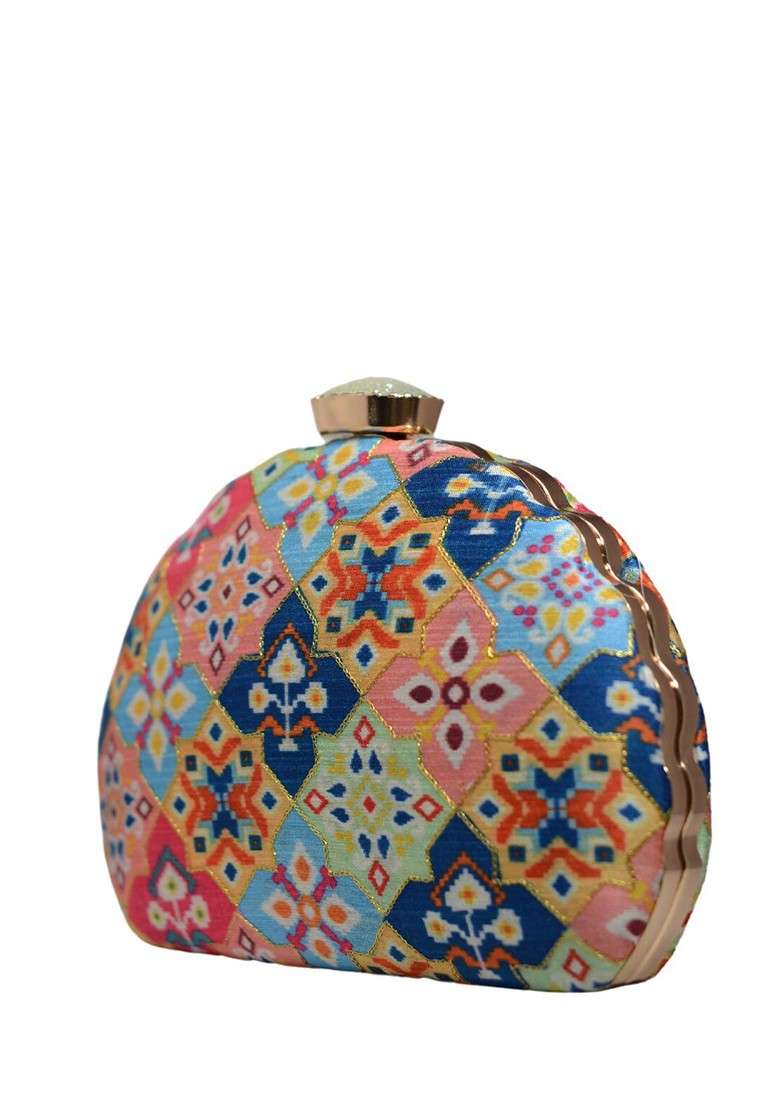 Blue Fabric Floral Printed Embroidered Box Clutch - Indya
