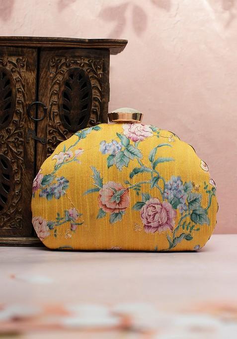 Yellow Fabric Floral Printed Box Clutch