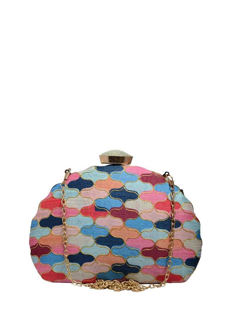 Blue Satin Embroidered Box Clutch - Indya