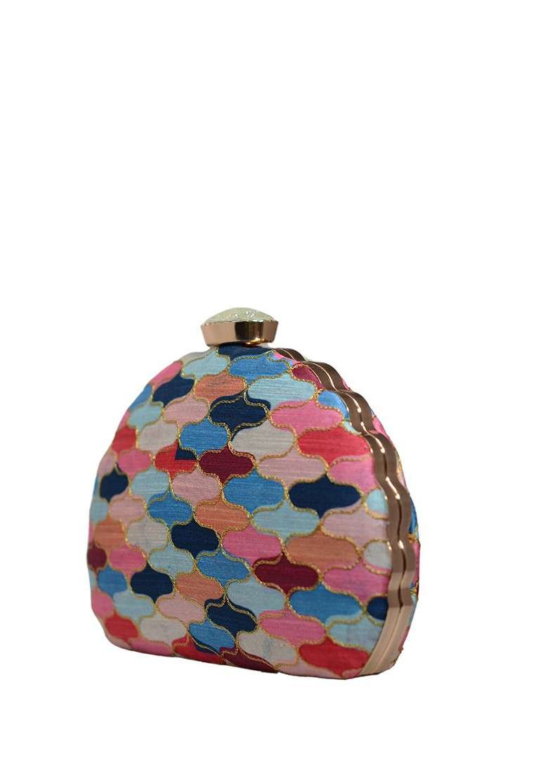 Blue Satin Embroidered Box Clutch - Indya