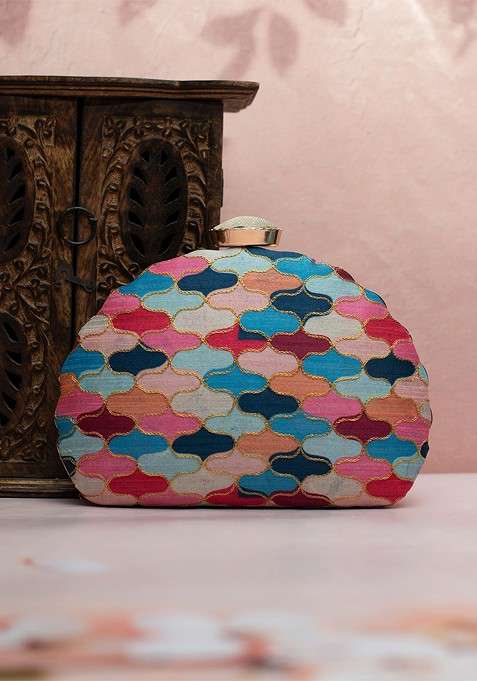 Blue Satin Embroidered Box Clutch