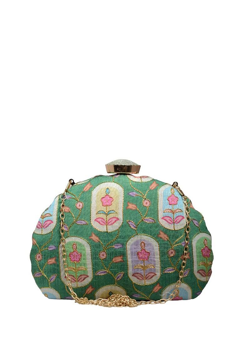 Green Fabric Floral Printed Embroidered Half Moon Clutch - Indya