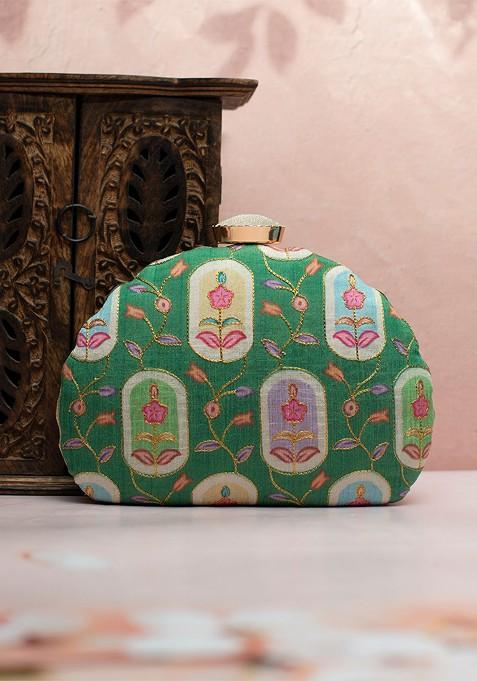 Green Fabric Floral Printed Embroidered Half Moon Clutch