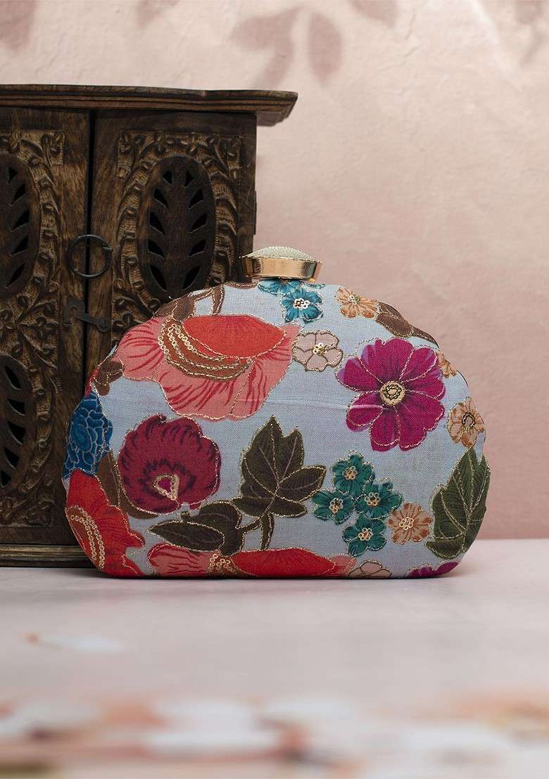 Blue Fabric Floral Printed Embroidered Half Moon Clutch - Indya