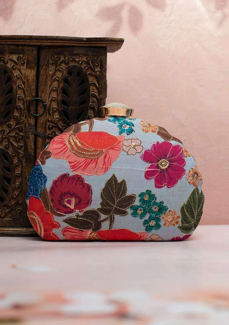 Blue Fabric Floral Printed Embroidered Half Moon Clutch - Indya