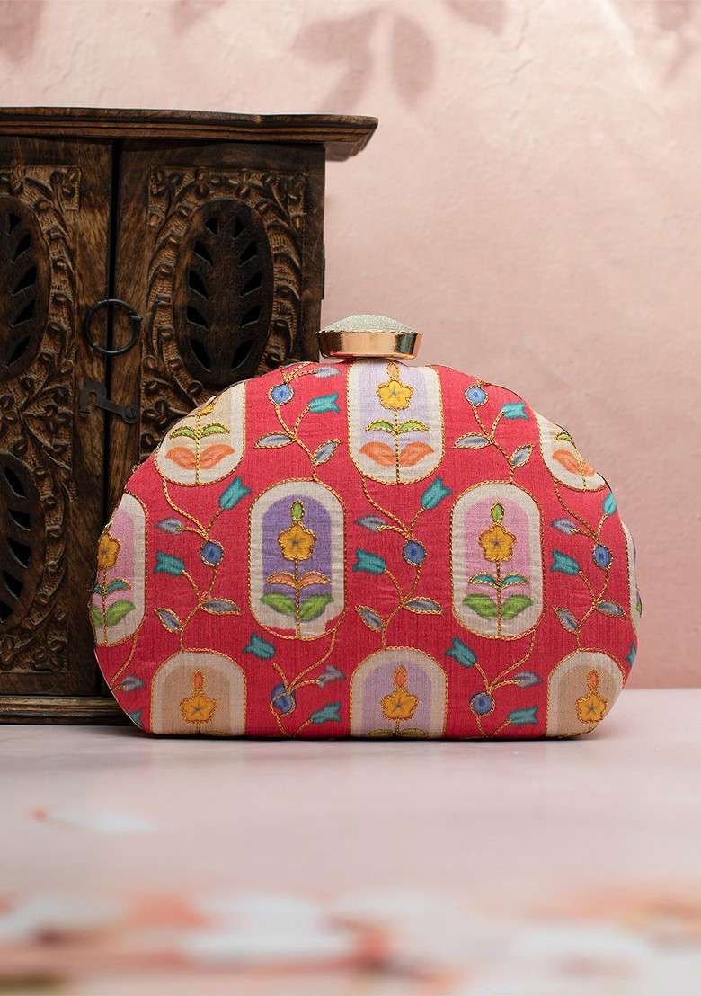 Red Satin Embroidered Zari Box Clutch - Indya