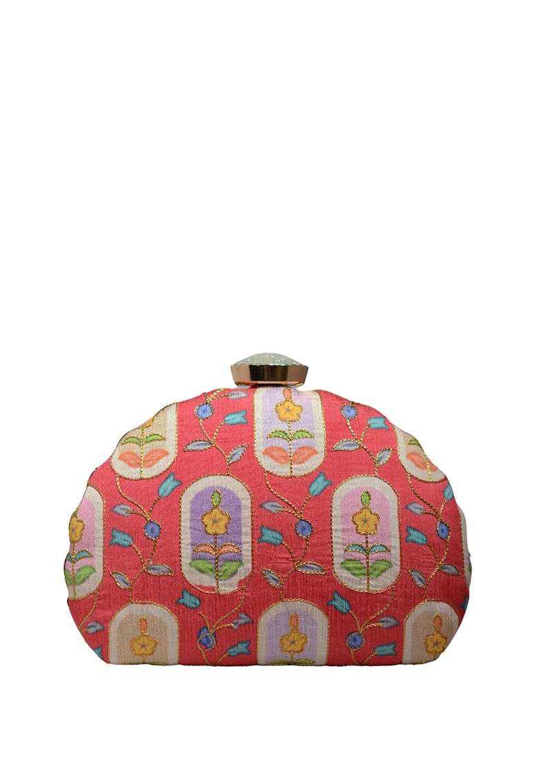 Red Satin Embroidered Zari Box Clutch - Indya