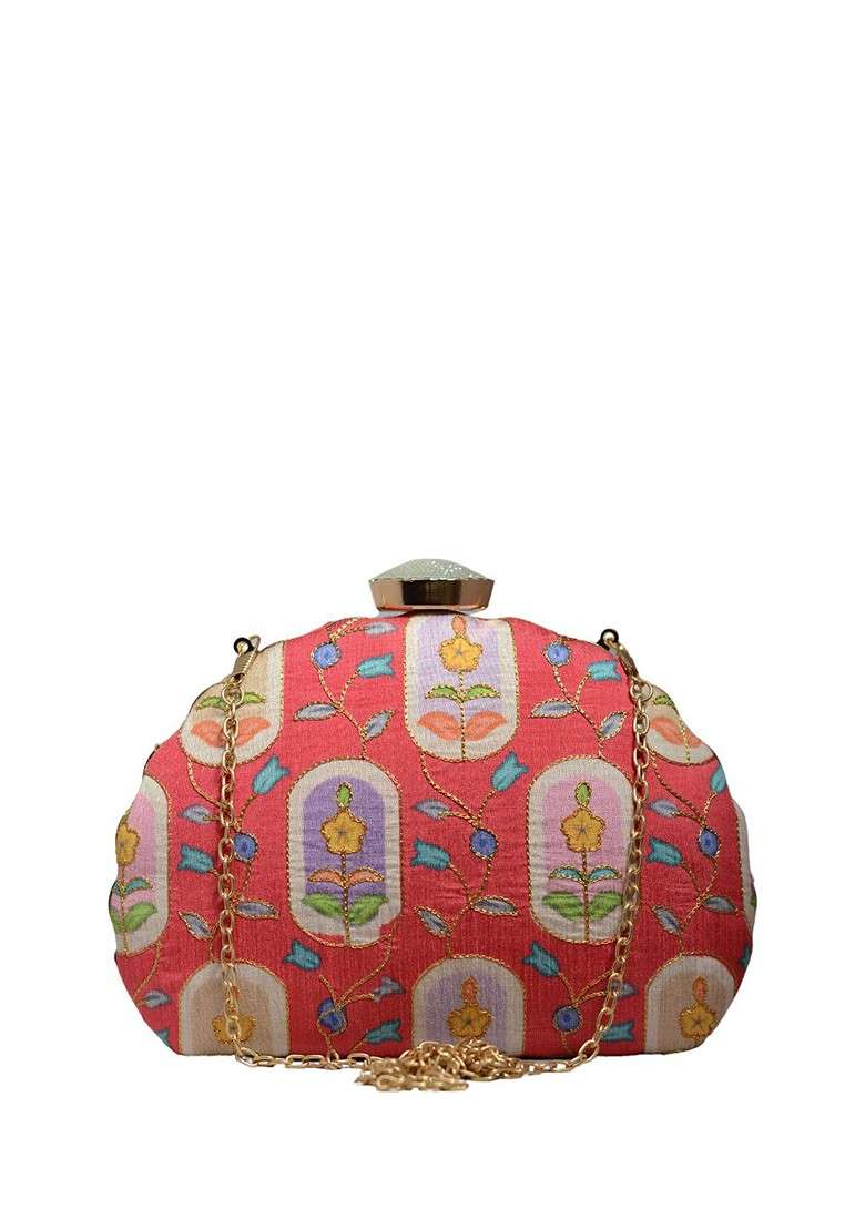 Red Satin Embroidered Zari Box Clutch - Indya