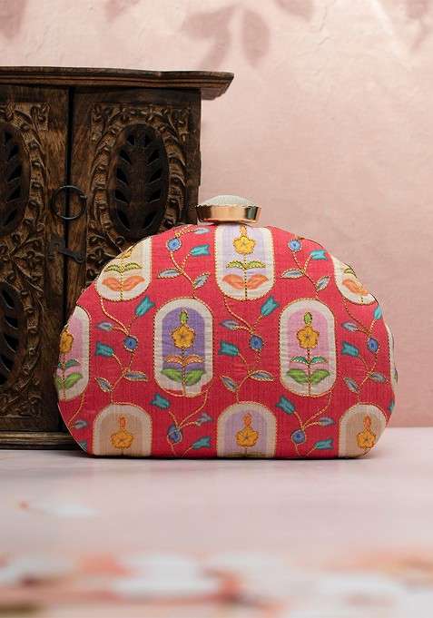 Red Satin Embroidered Zari Box Clutch