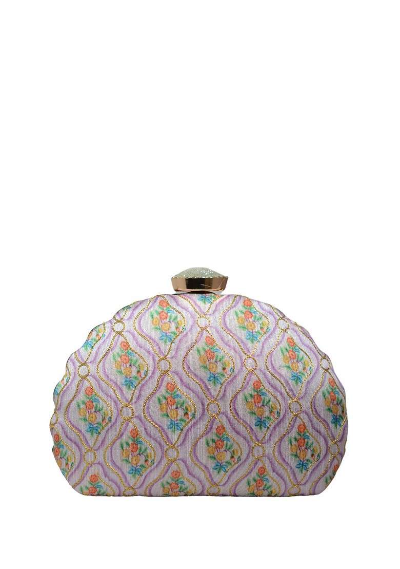 Off White Fabric Floral Printed Embroidered Half Moon Clutch - Indya