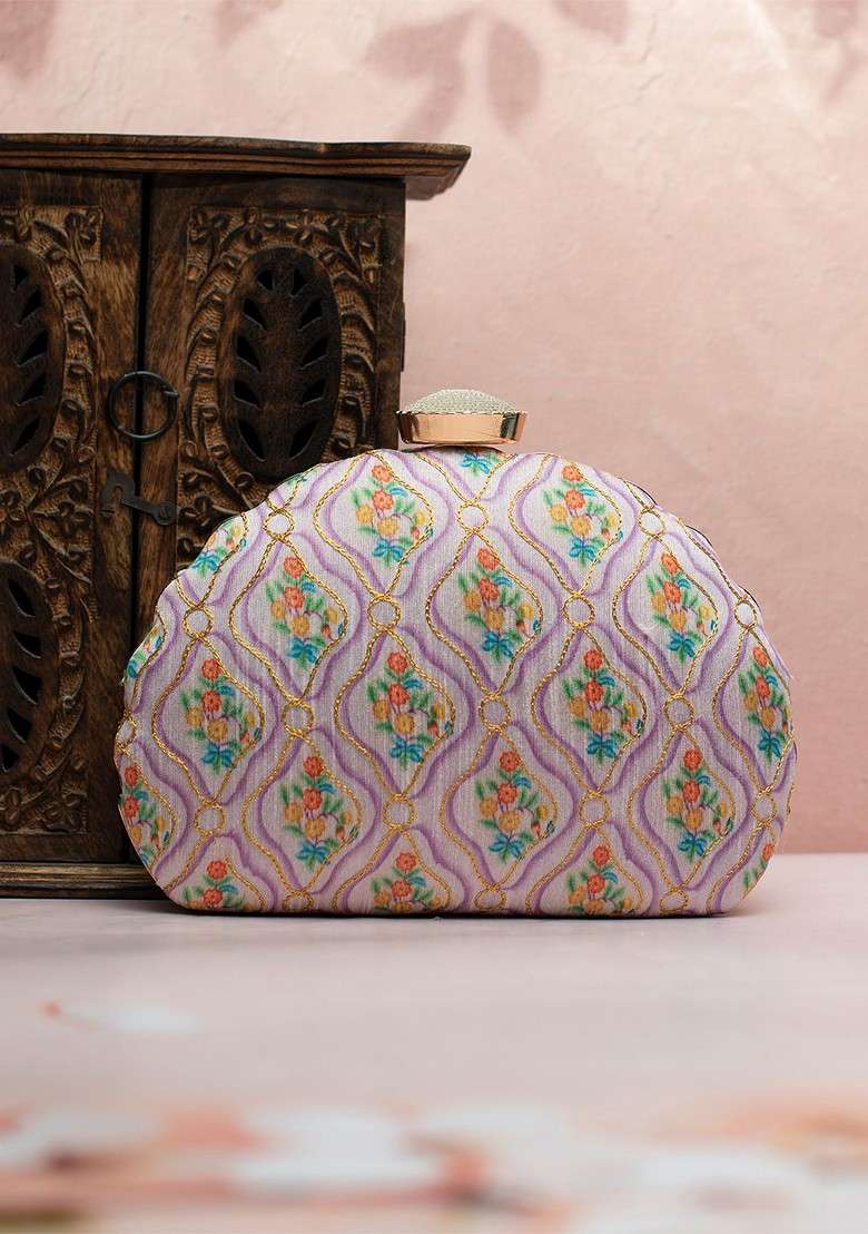 Off White Fabric Floral Printed Embroidered Half Moon Clutch - Indya