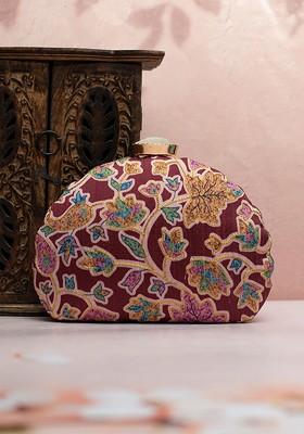 Maroon Satin Embroidered Box Clutch