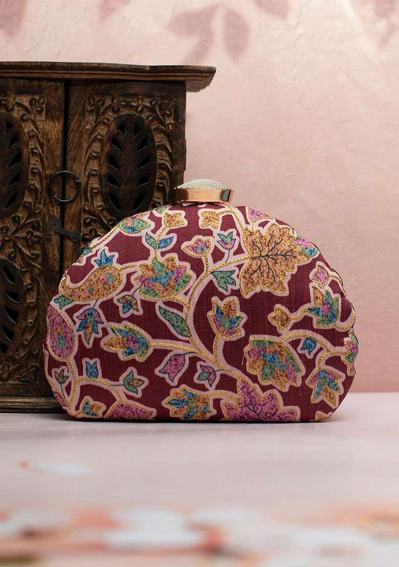 Maroon Satin Embroidered Box Clutch - Indya